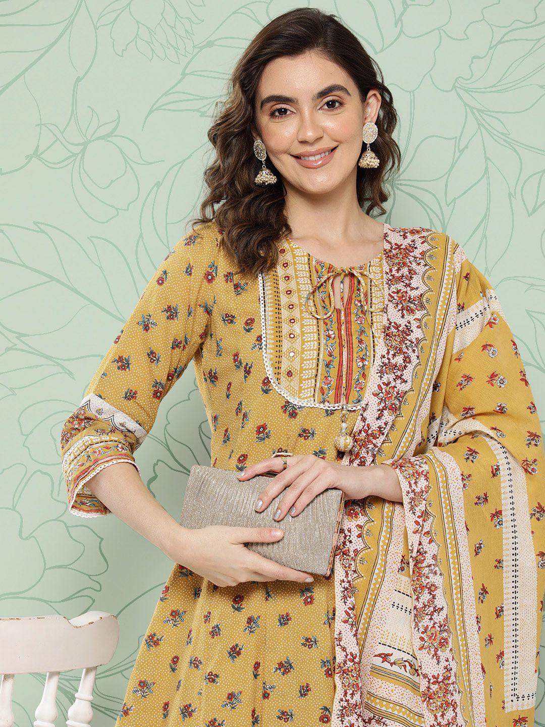 juniper women yellow floral printed panelled sequinned pure cotton kurta with trousers & with dupatta