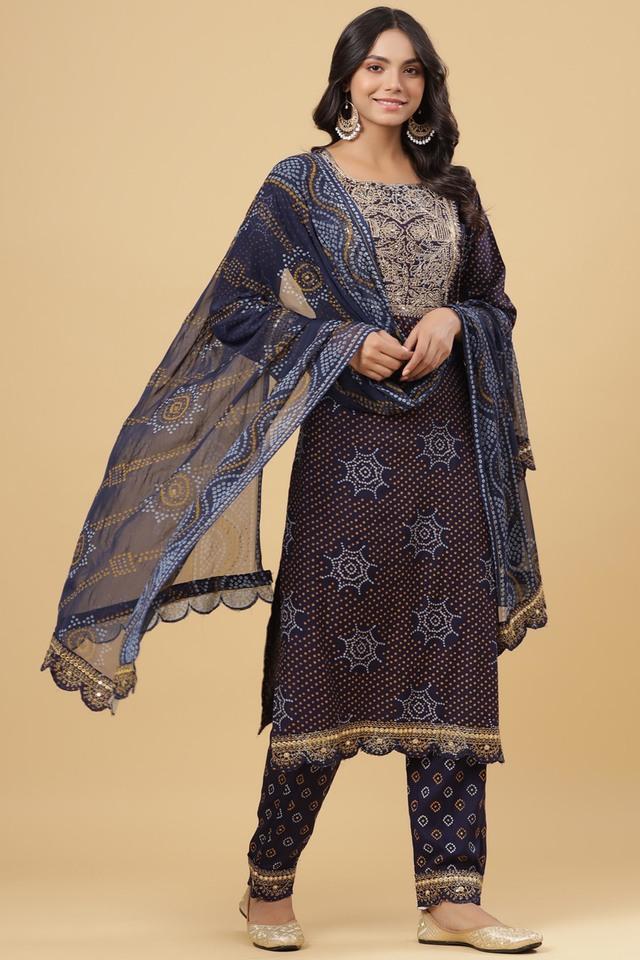 juniper womens navy rayon printed straight kurta pant dupatta set