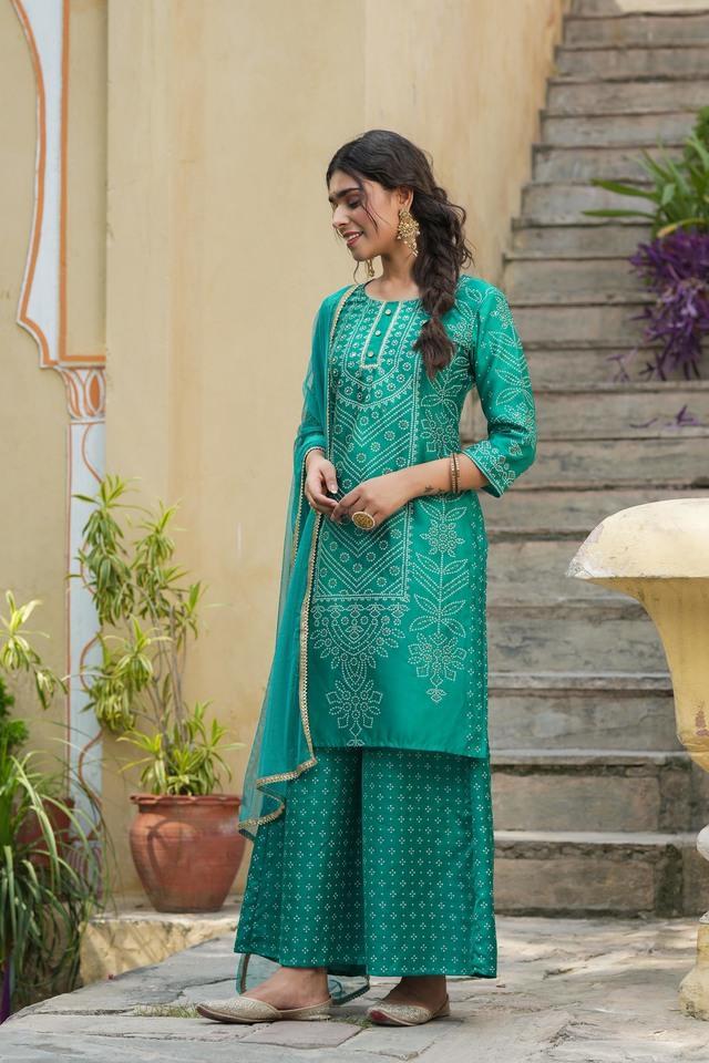 juniper womens teal santoon straight printed kurta sets