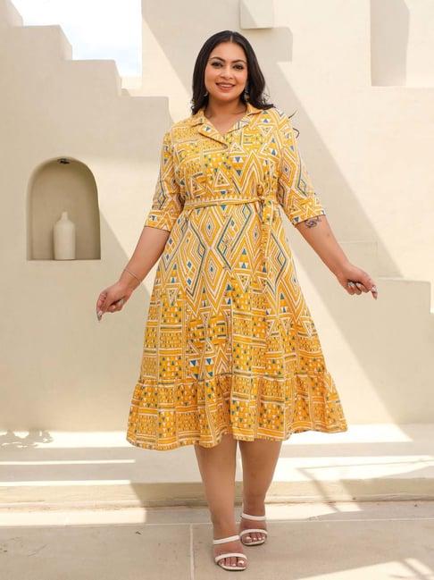 juniper yellow cotton printed a-line dress with belt