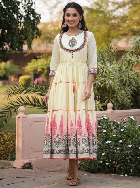 juniper yellow ethnic motif printed cotton voile maxi dress with thread embroidery