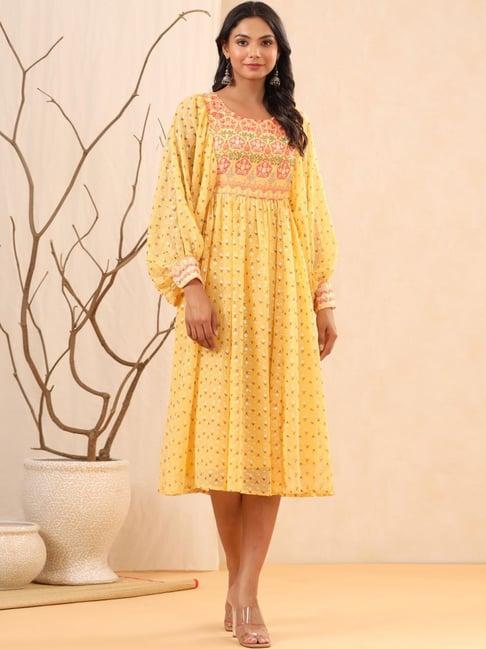 juniper yellow ethnic motif printed georgette midi dress with sequins work