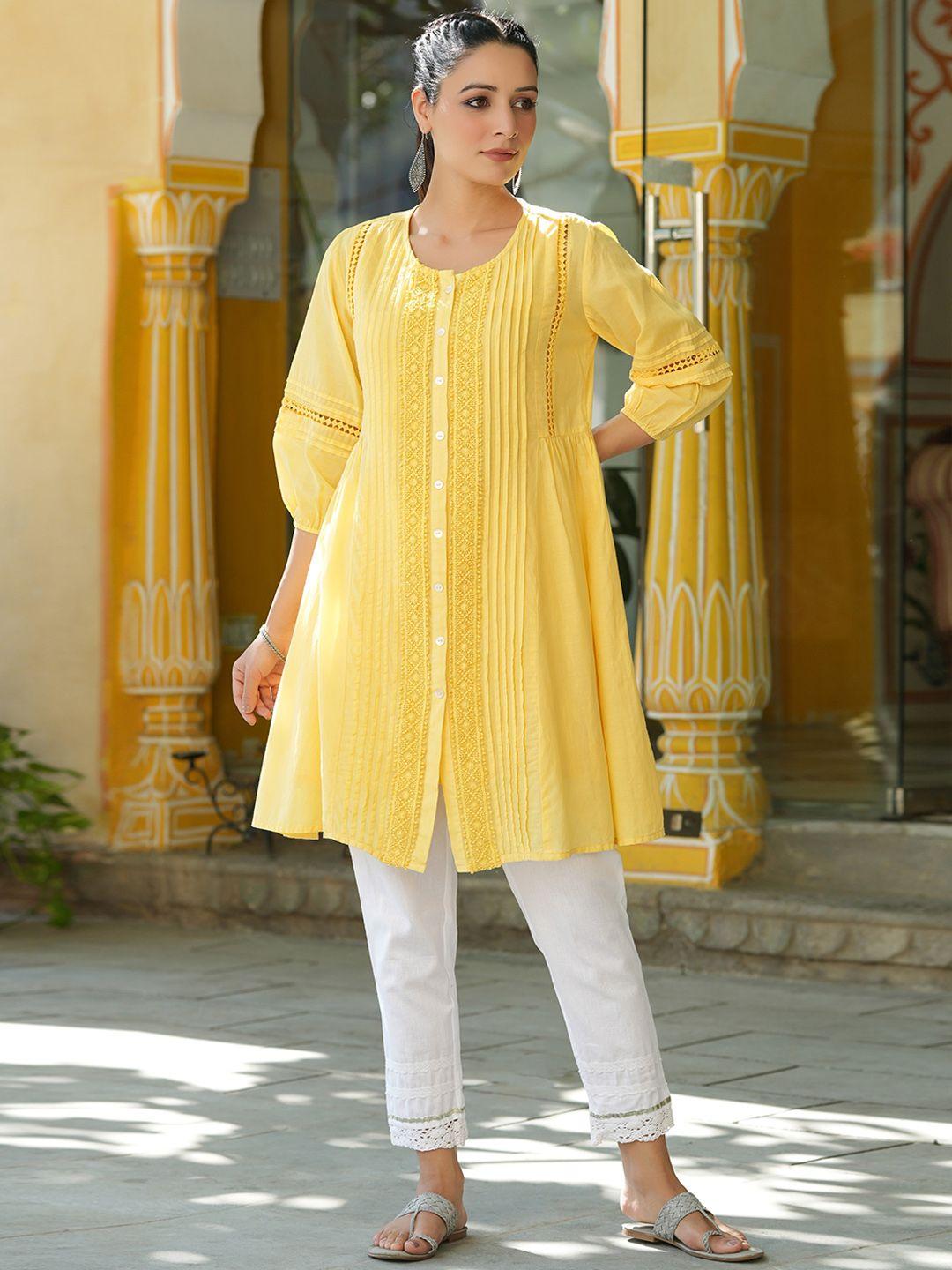 juniper yellow lace & gathered cotton silk  a-line kurta