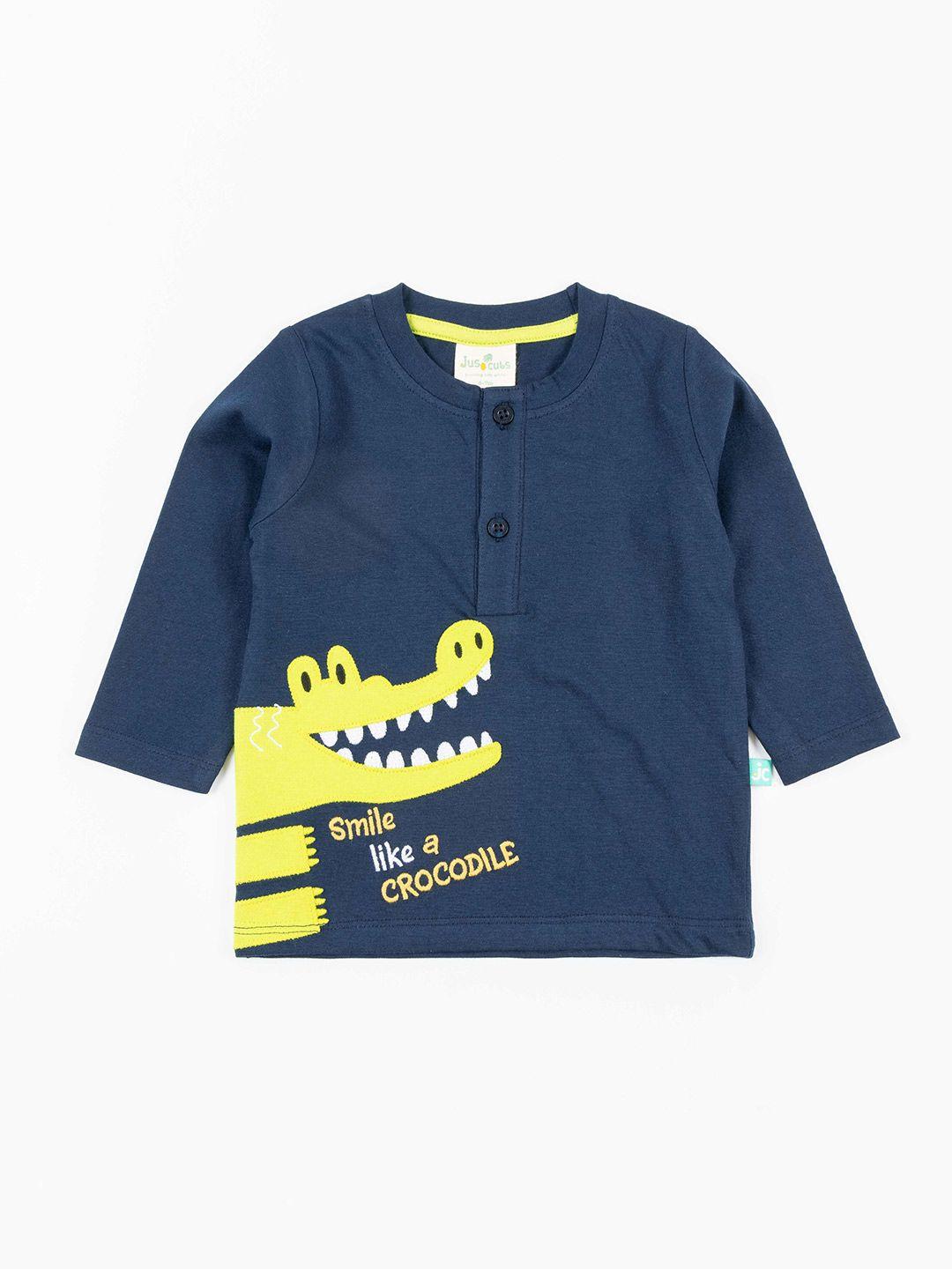 juscubs boys navy blue graphic printed henley neck cotton t-shirt