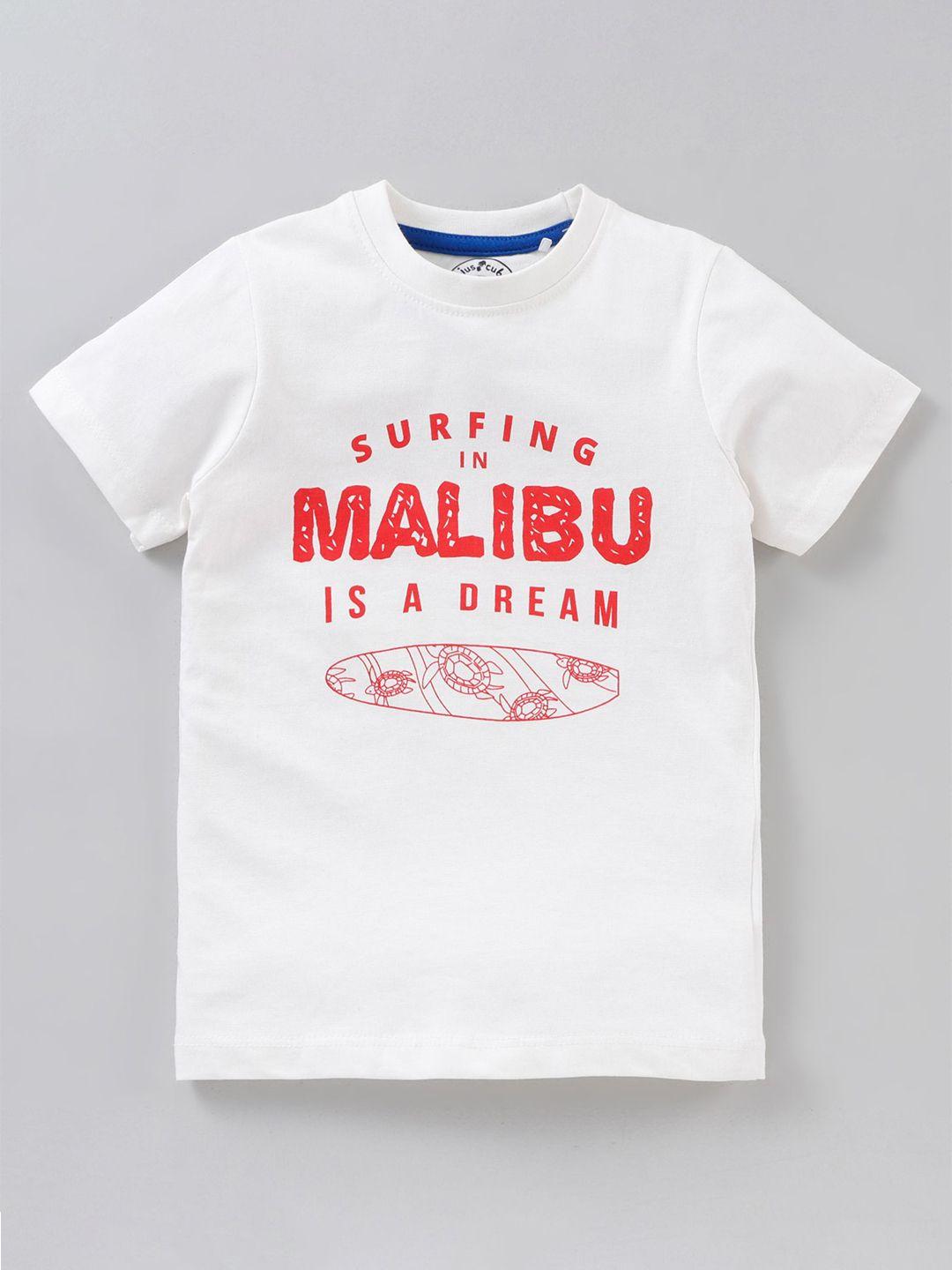 juscubs boys off white & red typography printed applique outdoor t-shirt