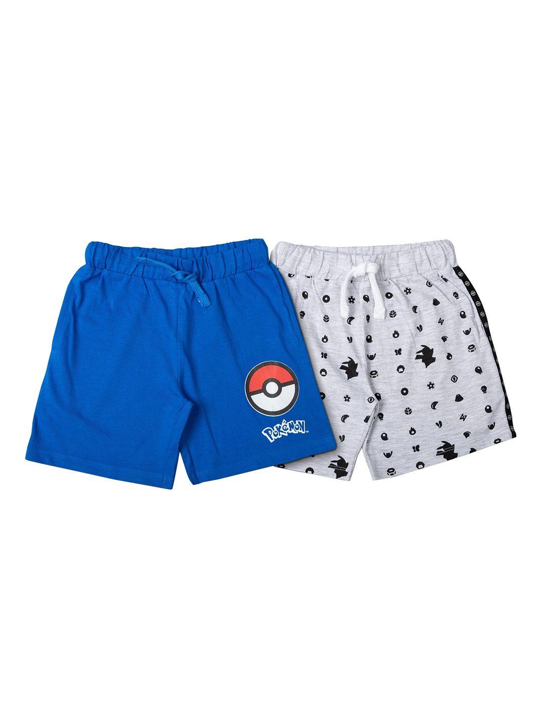 juscubs boys pack of 2 blue & grey printed pokemon pure cotton shorts