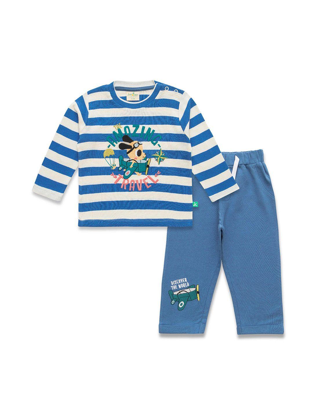 juscubs boys striped & embroidered pure cotton t-shirt with trousers