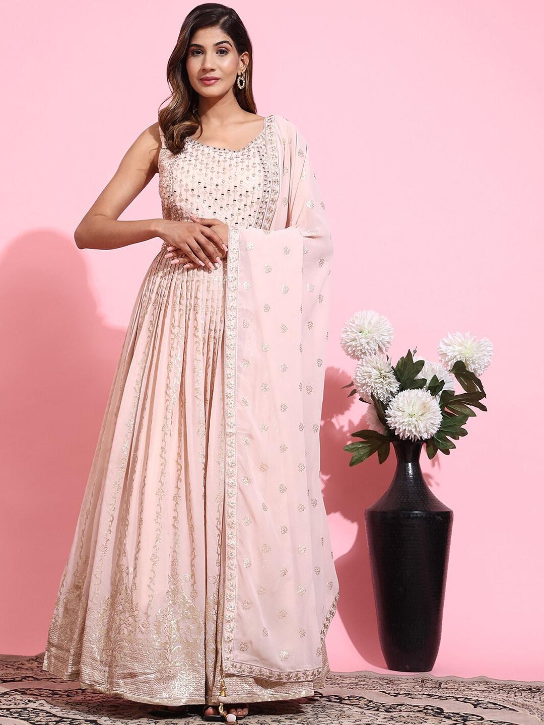 just fashion embellished sleeveless georgette pleated maxi ethnic dress with dupatta
