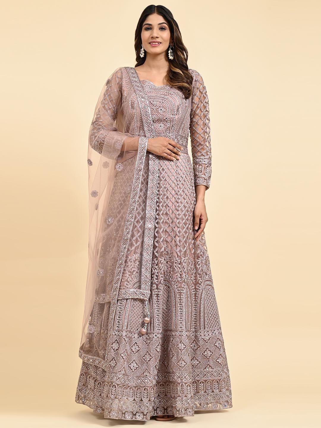 just fashion embroidered 
viscose rayon fit & flared maxi dress with net dupatta