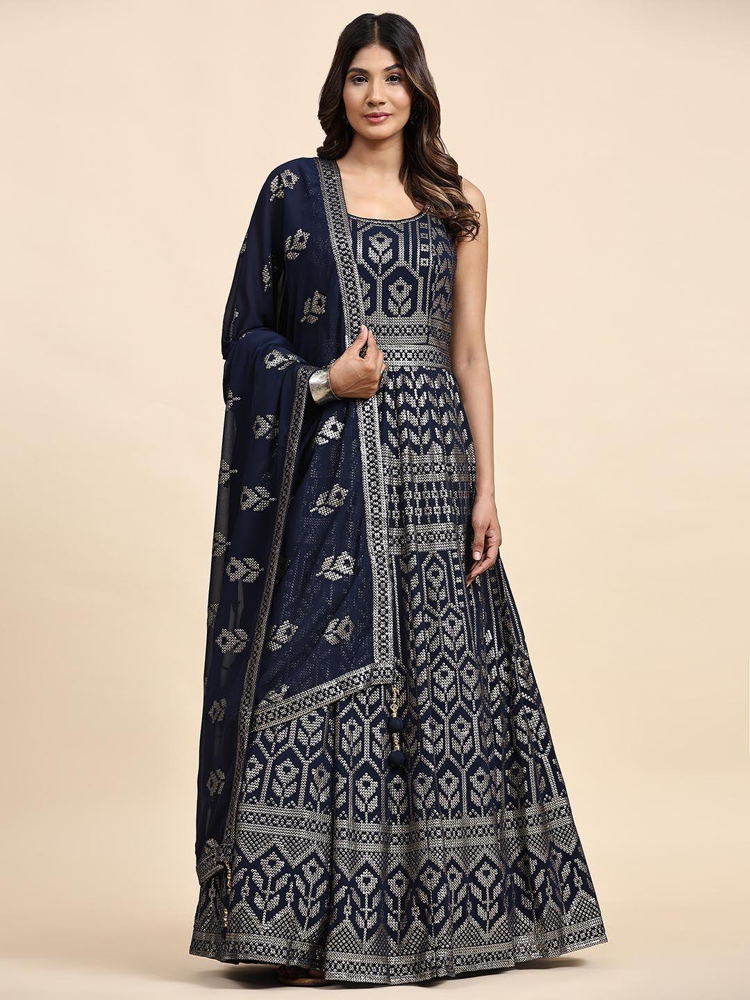 just fashion sequin embroidered georgette fit & flared maxi dress with dupatta