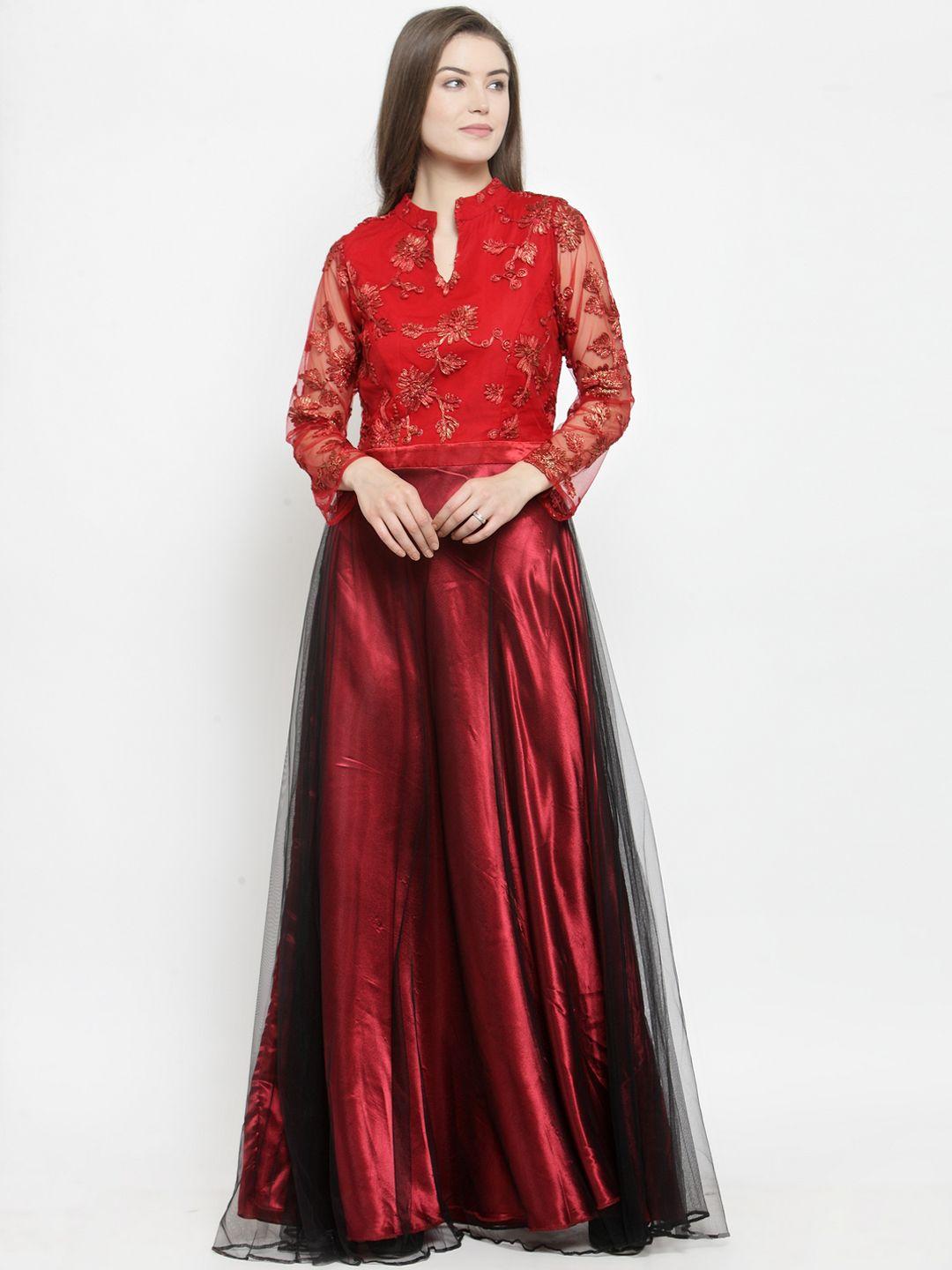 just wow women maroon & red embellished maxi dress