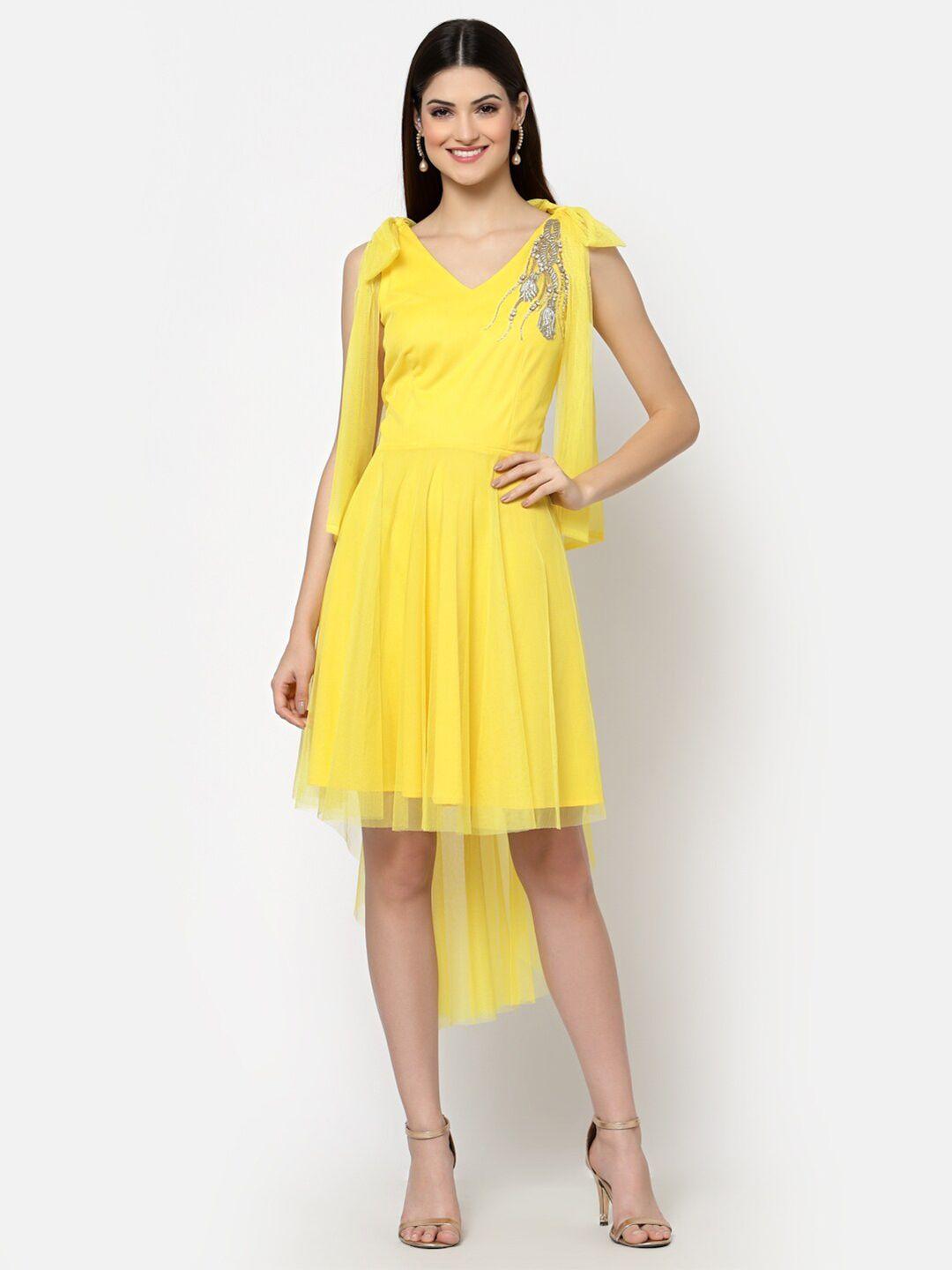 just wow yellow floral embroidered net dress