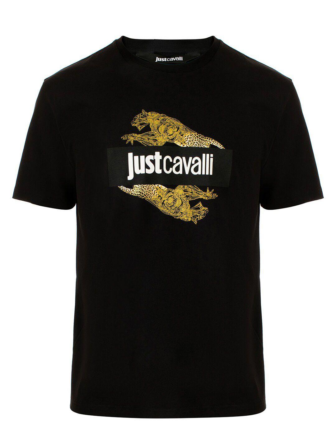 just cavalli men black typography printed applique slim fit t-shirt