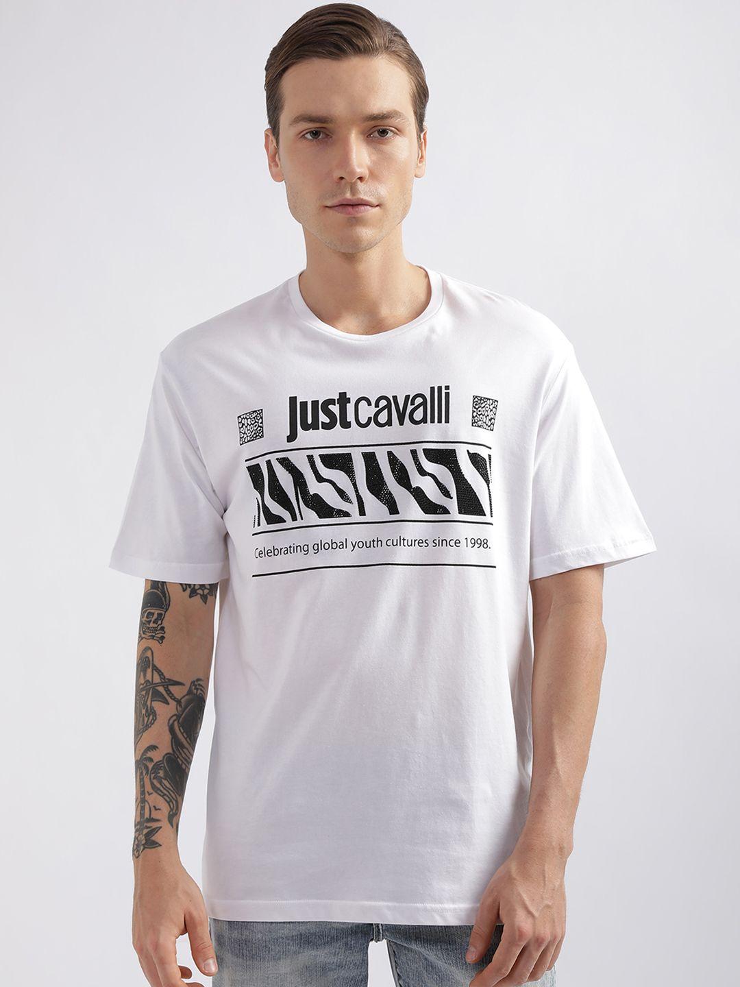 just cavalli typography printed slim fit pure cotton t-shirt