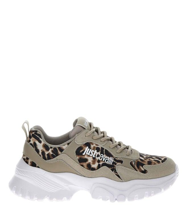 just cavalli women's fashion logo round toe lace up brown logo sneakers