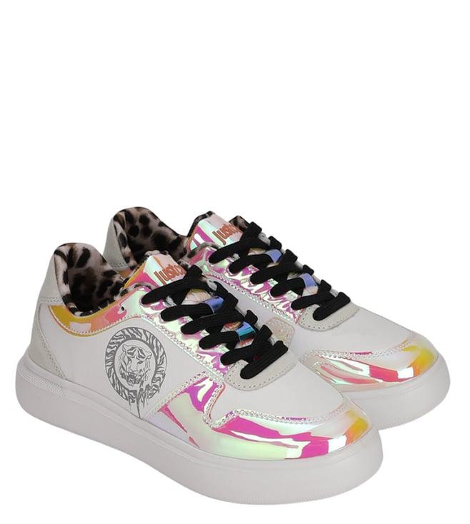 just cavalli women's fashion white logo lace-up sneakers