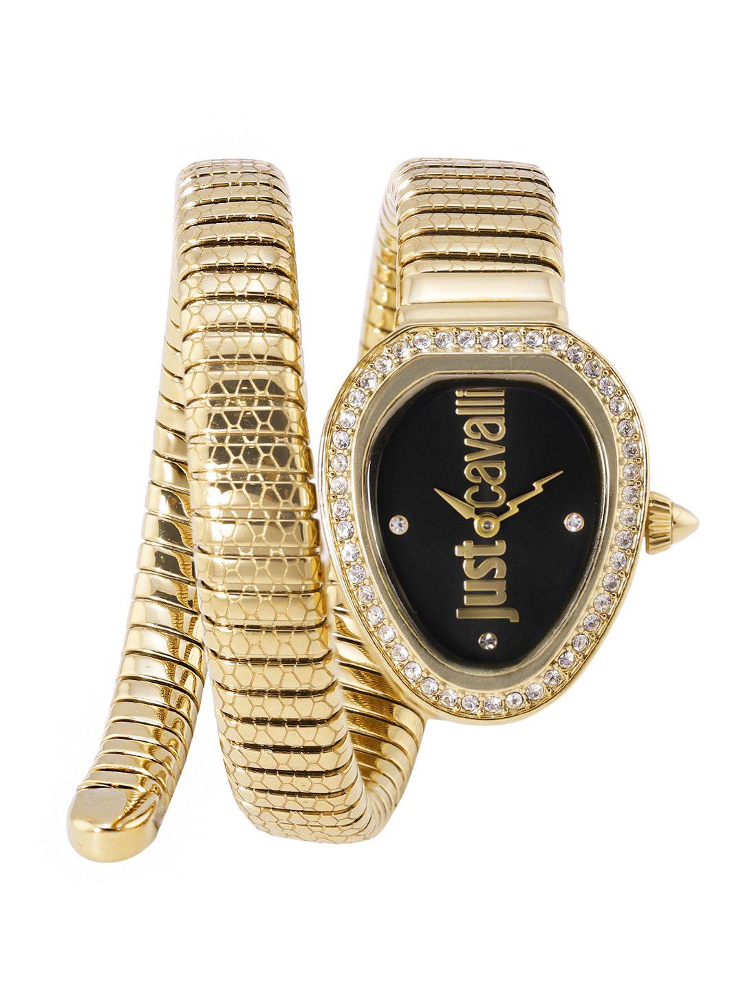 just cavalli women black dial & gold toned wrap around straps analogue watch jc1l167m0035