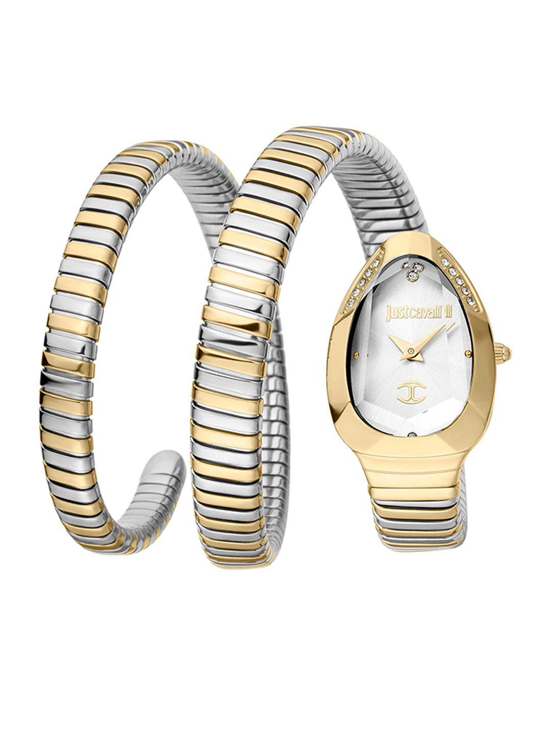 just cavalli women silver-toned brass printed dial & gold toned stainless steel bracelet style straps watch