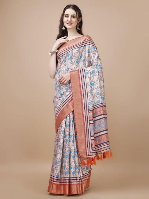 just fashion beige & orange silk printed saree with unstitched blouse