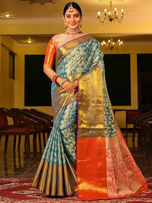 just fashion blue & orange silk zari work saree with unstitched blouse