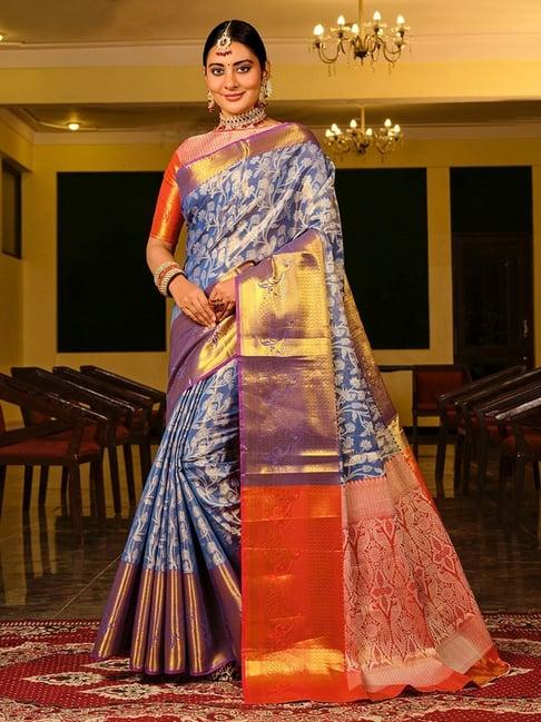 just fashion blue & orange silk zari work saree with unstitched blouse