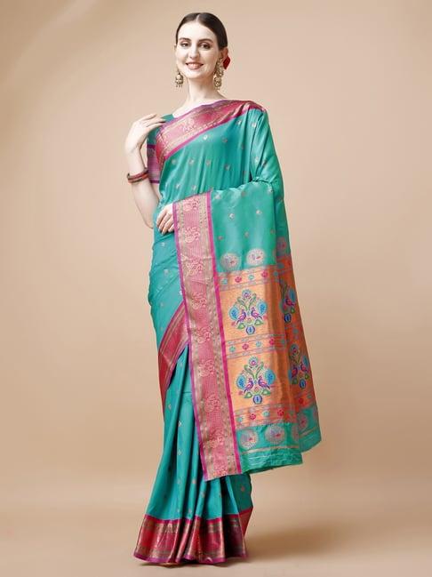 just fashion blue & pink zari work saree with unstitched blouse