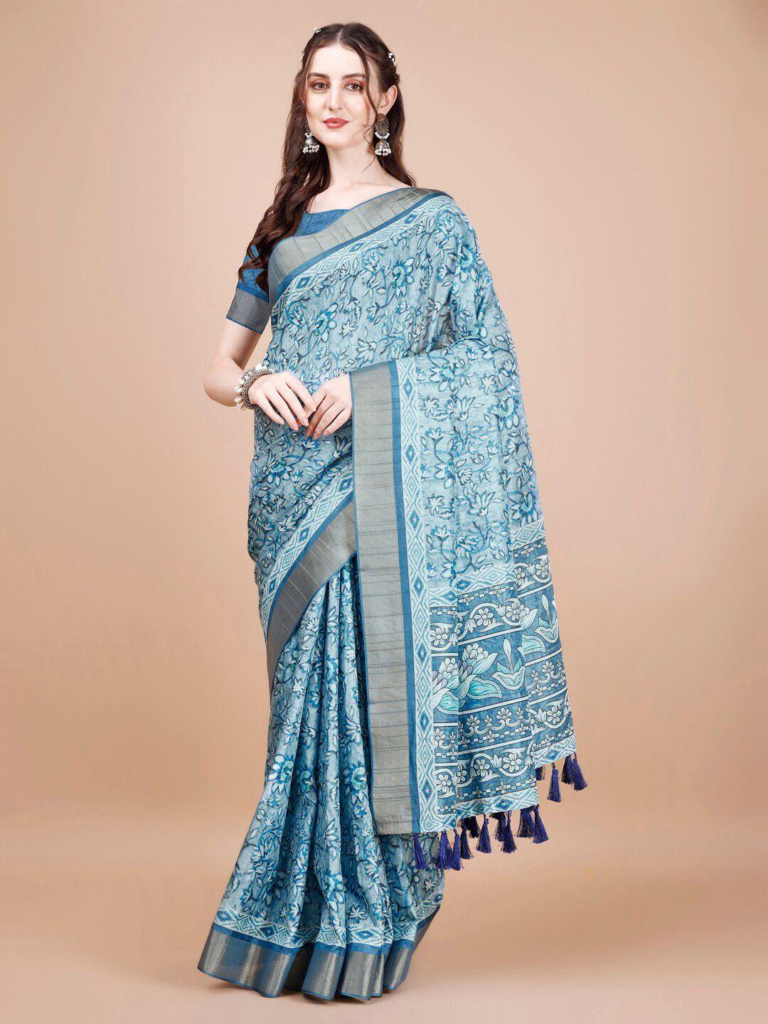 just fashion blue floral zari silk blend tussar saree