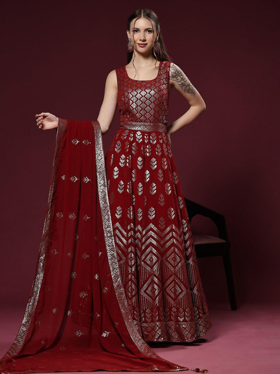 just fashion embellished georgette ethnic gown with dupatta