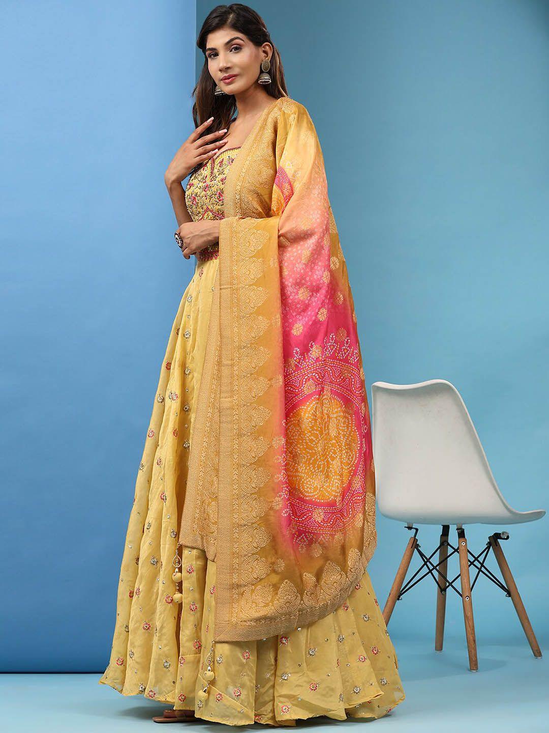 just fashion embroidered beads & mirror work silk ethnic dresses with contrast dupatta