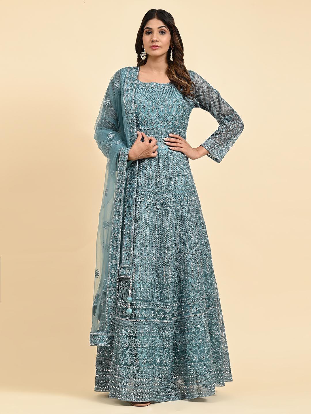 just fashion embroidered viscose rayon fit & flared maxi dress with net dupatta