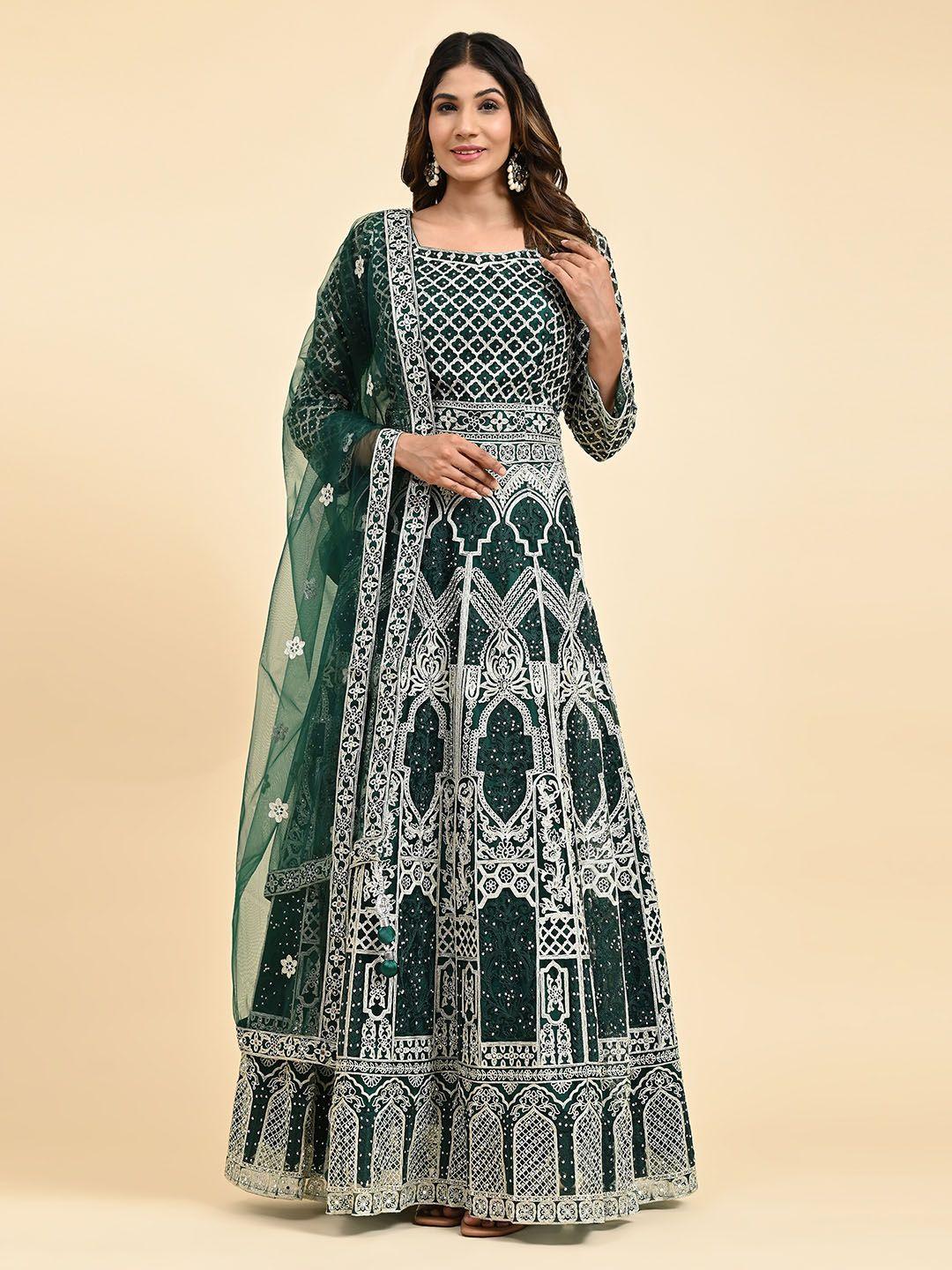 just fashion ethnic motifs embroidered net maxi ethnic dress with dupatta