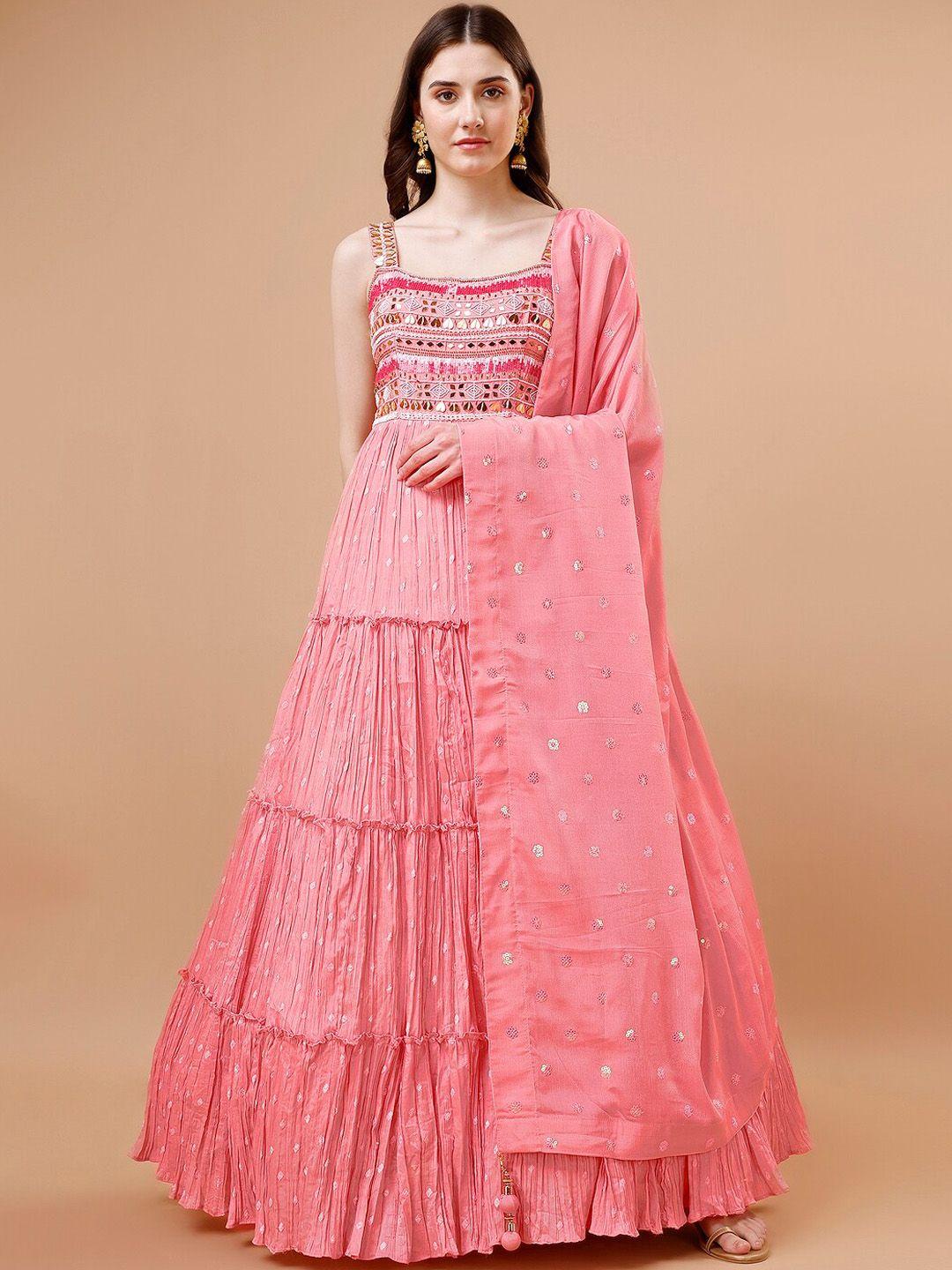 just fashion floral embroidered shoulder straps tiered gown ethnic dresses with dupatta