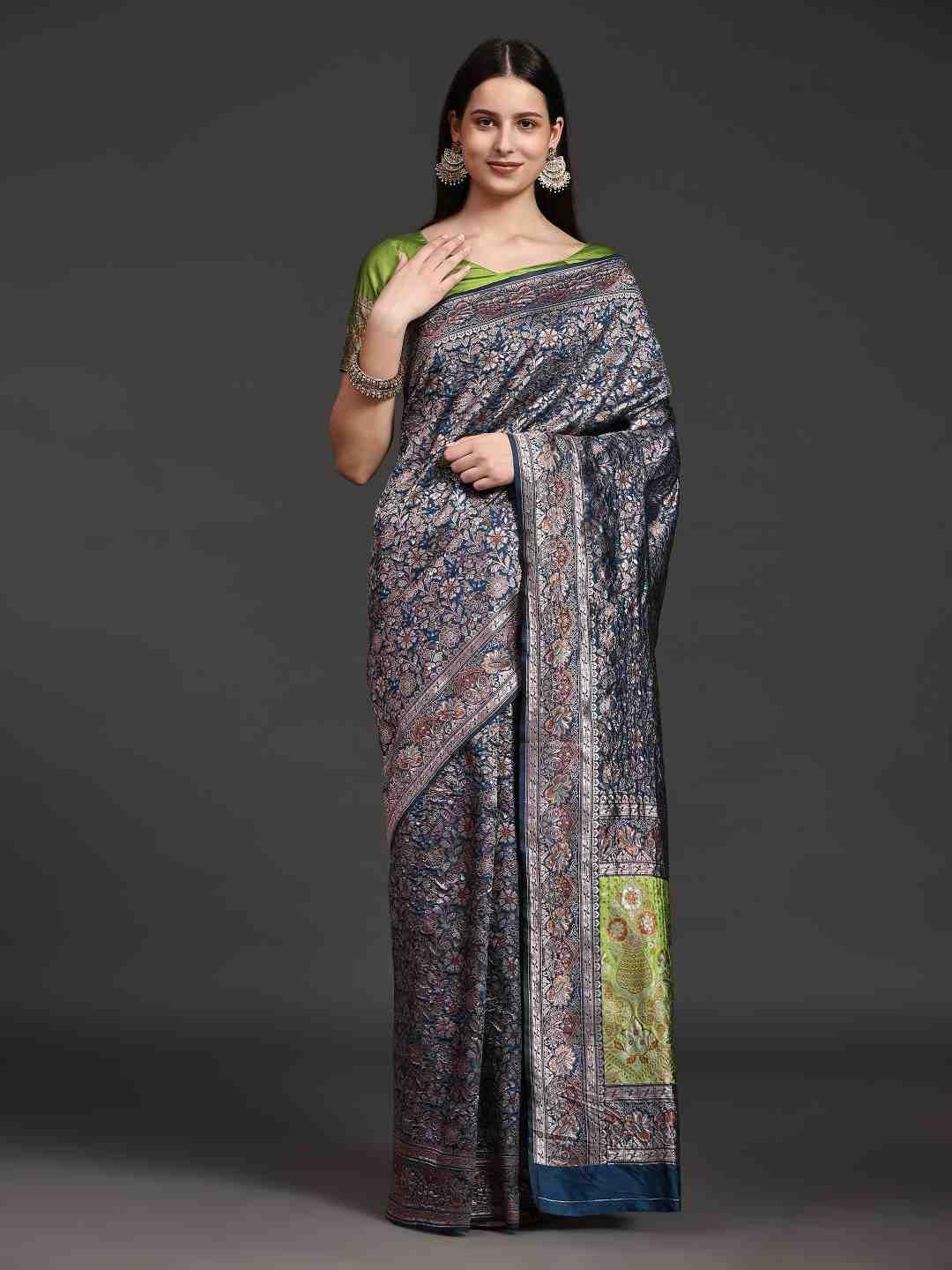 just fashion floral printed zari banarasi saree