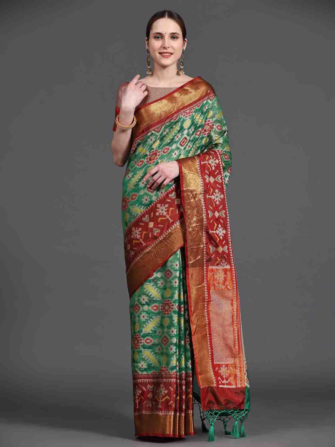 just fashion geometric woven design zari art silk ikat saree