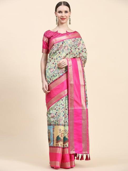 just fashion green & pink silk floral print saree with unstitched blouse