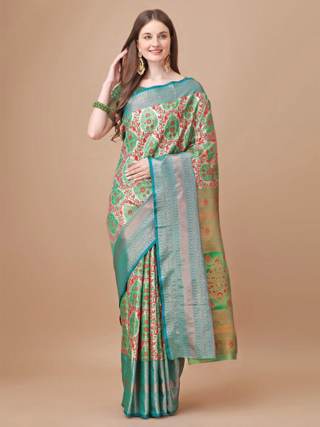 just fashion green ethnic motifs zari silk blend kanjeevaram saree