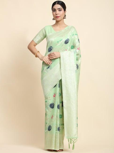 just fashion green linen woven saree with unstitched blouse