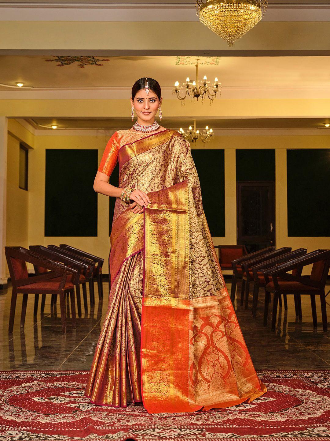 just fashion lavender & red woven design zari silk blend kanjeevaram saree