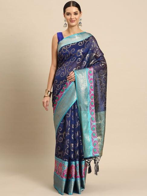 just fashion navy silk woven saree with unstitched blouse