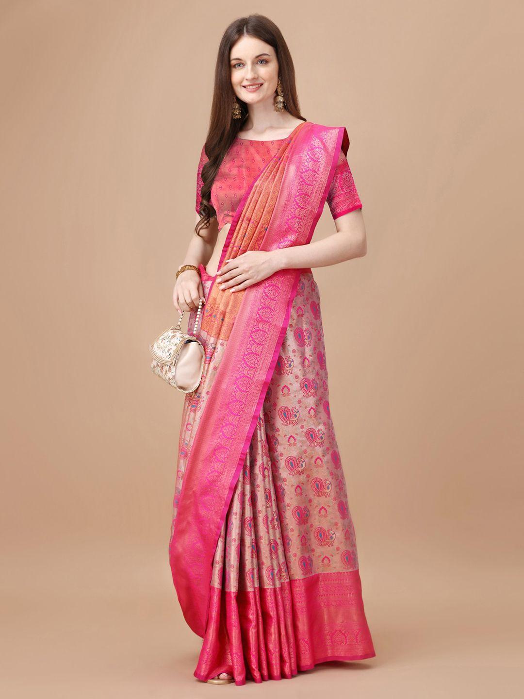 just fashion pink ethnic motifs zari silk blend kanjeevaram saree