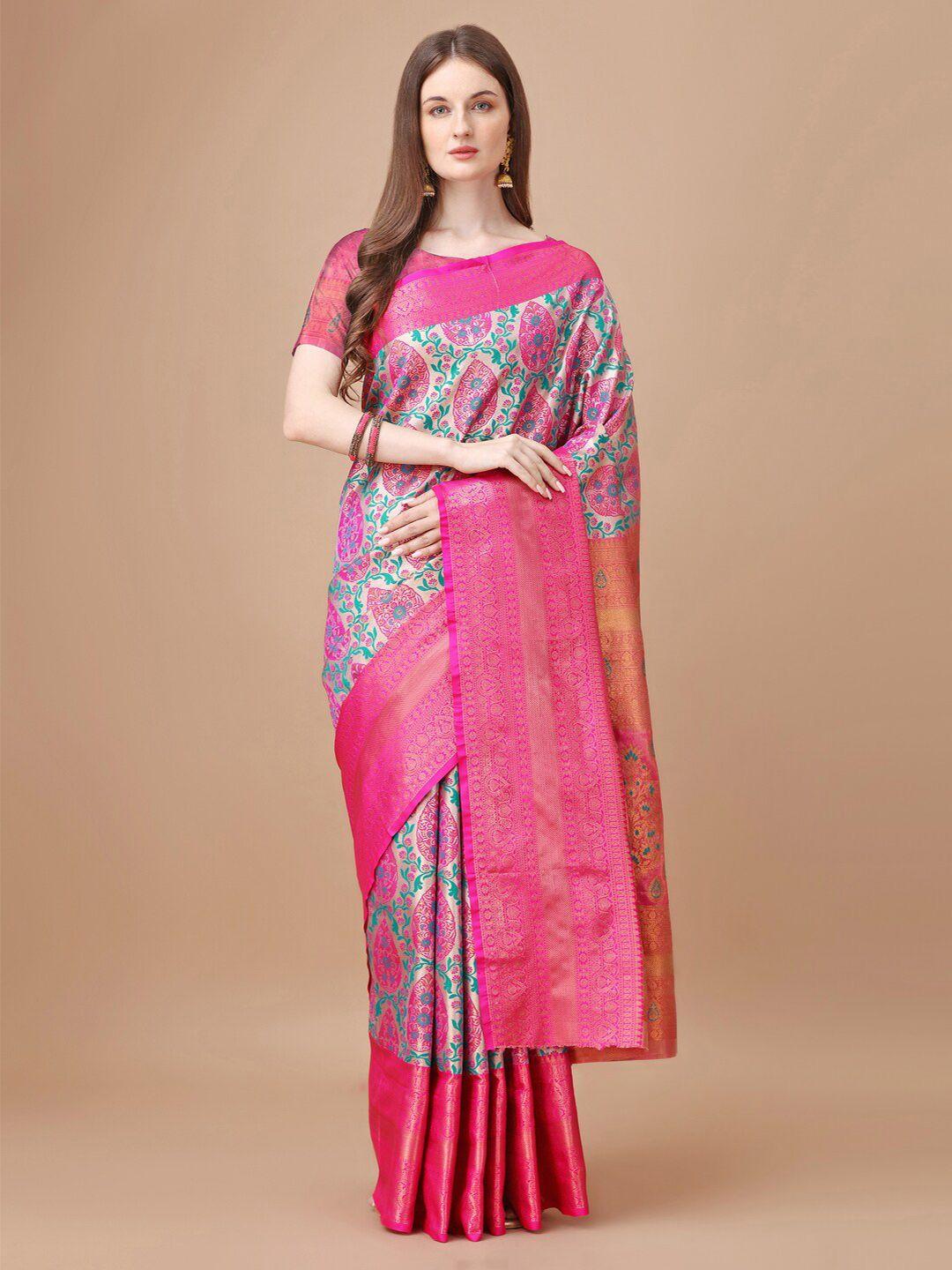 just fashion pink ethnic motifs zari silk blend kanjeevaram saree