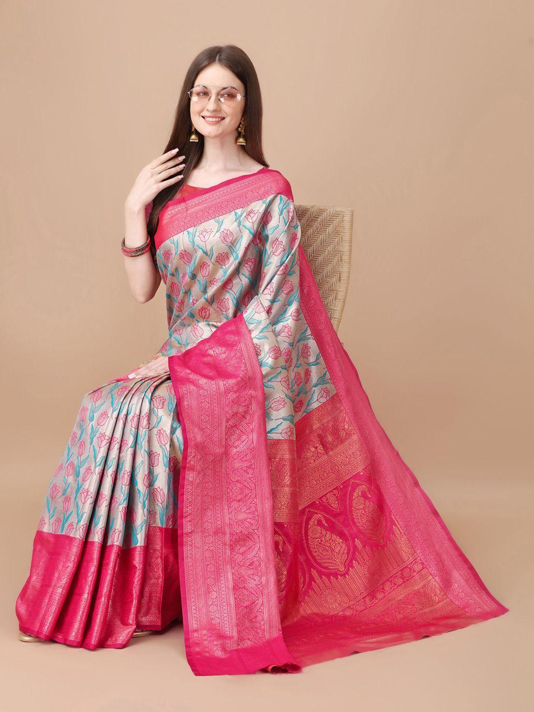 just fashion pink floral zari silk blend kanjeevaram saree