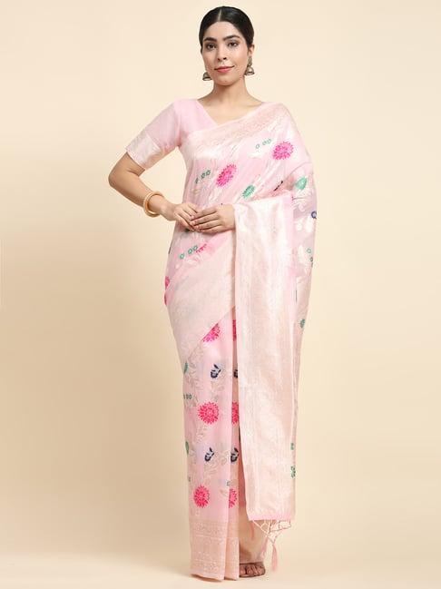 just fashion pink linen woven saree with unstitched blouse