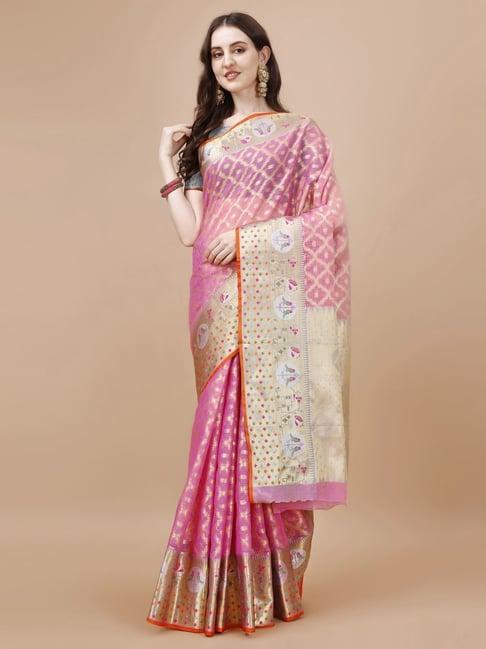 just fashion pink silk chequered saree with unstitched blouse