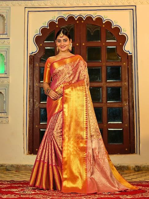 just fashion pink silk zari work saree with unstitched blouse