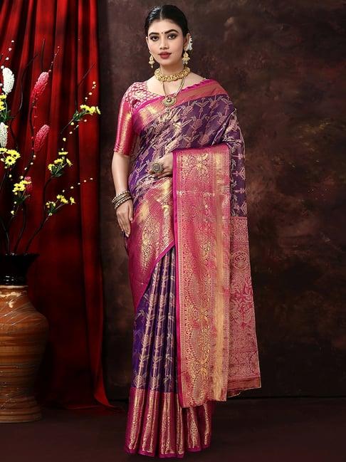 just fashion purple & pink silk zari work saree with unstitched blouse