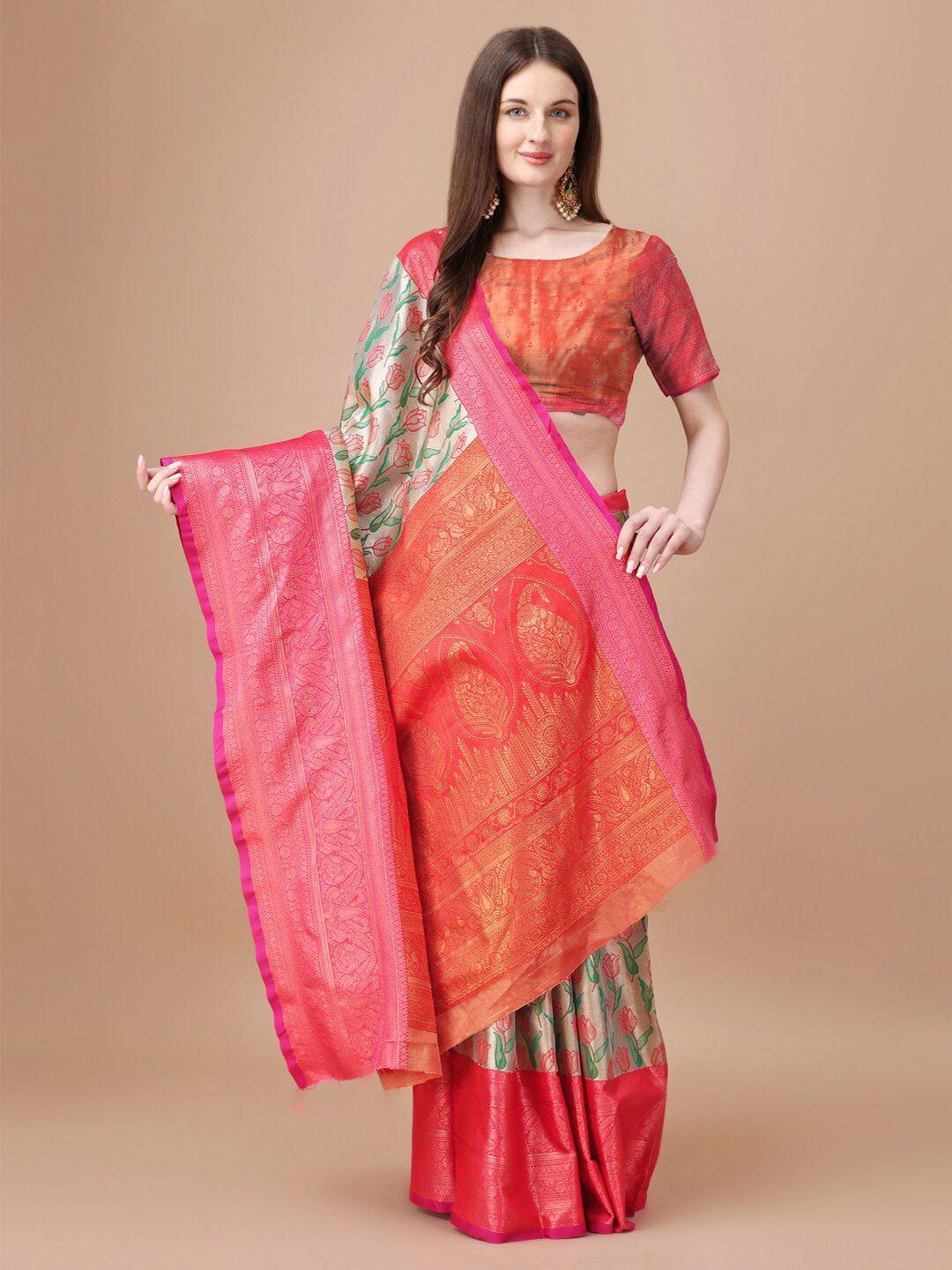 just fashion red floral zari silk blend kanjeevaram saree