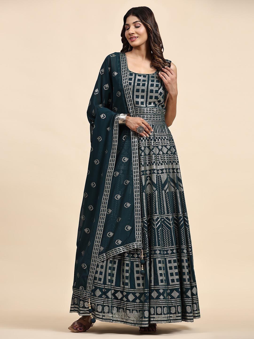 just fashion sequin embroidered georgette fit & flared maxi dress with dupatta