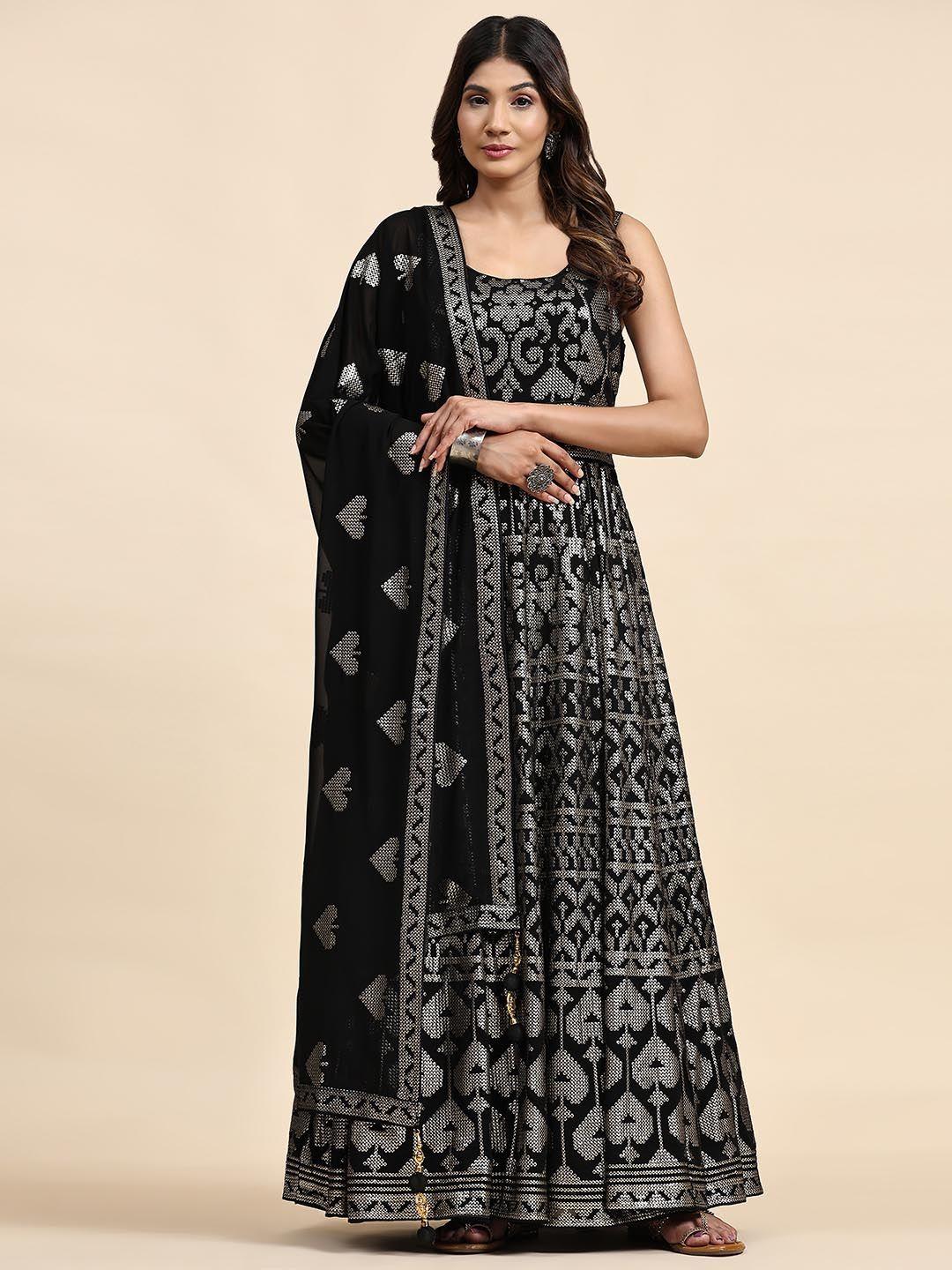 just fashion sequin embroidered georgette fit & flared maxi dress with dupatta