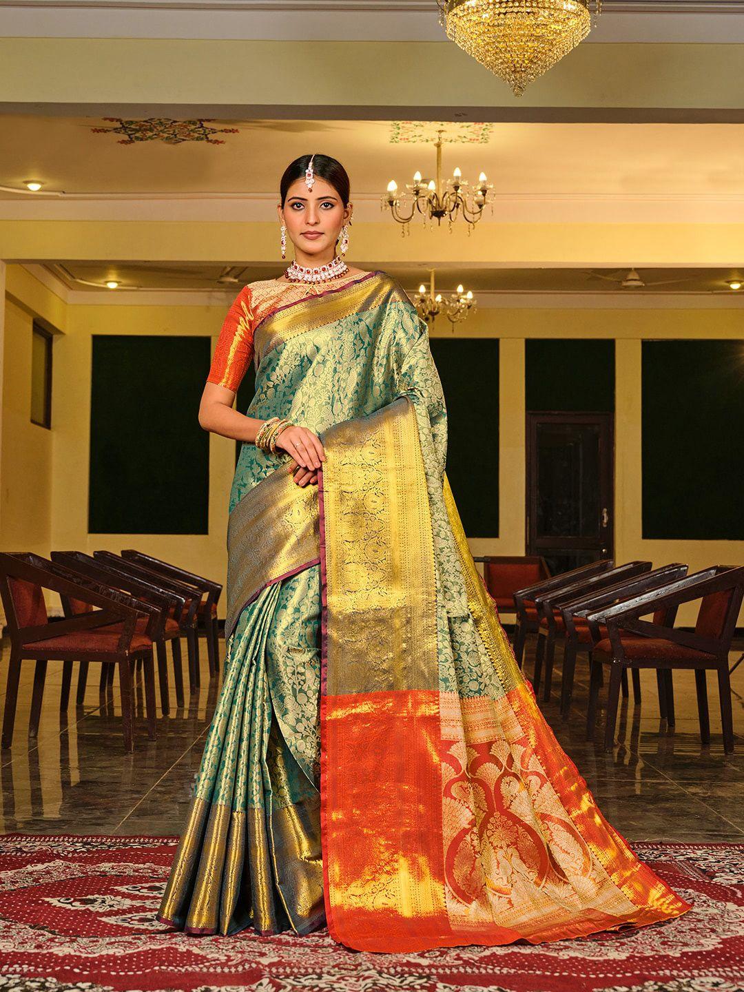 just fashion teal & red woven design zari silk blend kanjeevaram saree